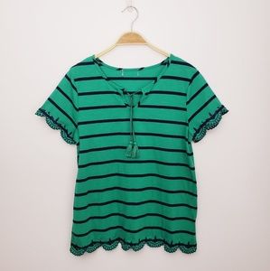 Green & Navy Stripes Scalloped Embroidered Edges